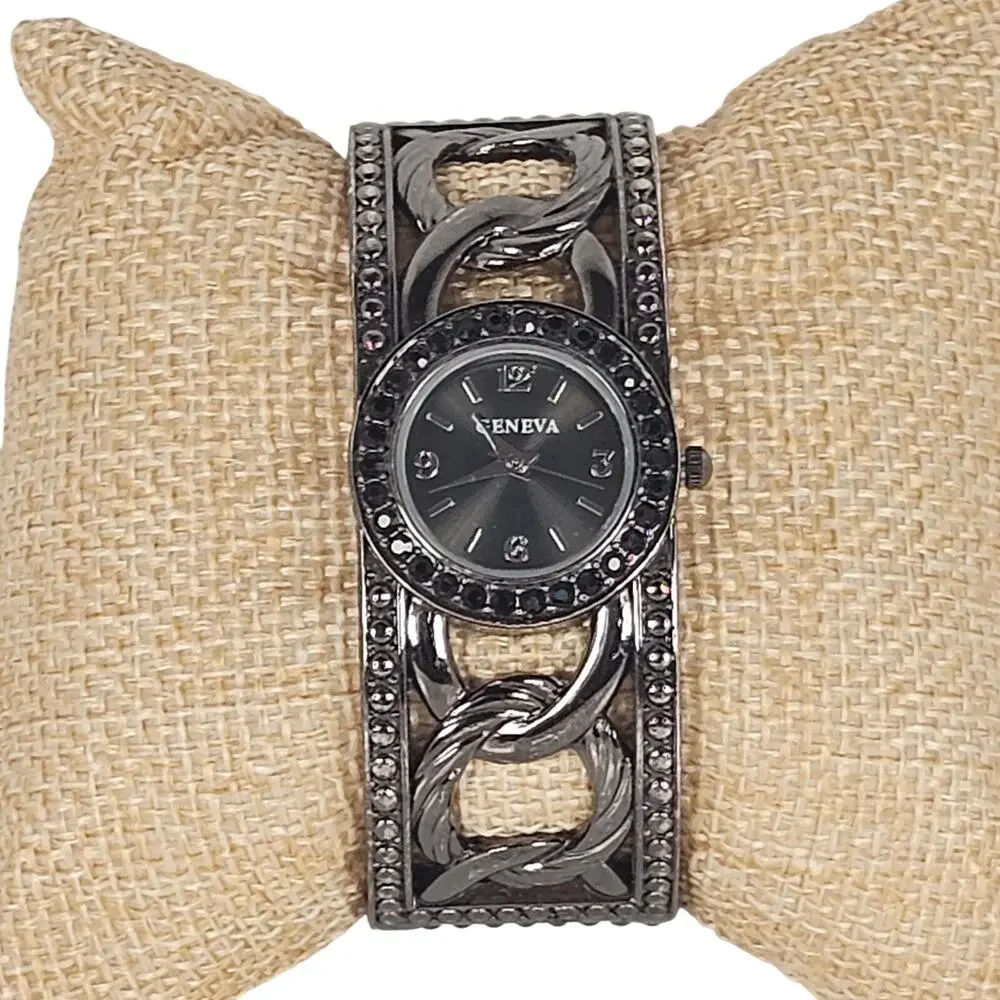 Women's Bangle Cuff Watch Gunmetal Chain Link Design Face Black Dial Geneva